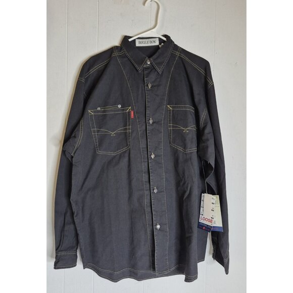 VTG Bugle Boy Long Sleeve Metal Button Up Black Western Shirt Men's Sz L NEW - Picture 1 of 13